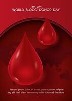 Poster illustration campaign of World Blood Donor Day in paper cut style with blood droplet in glass style wording of event and example texts on world map and red background. vector