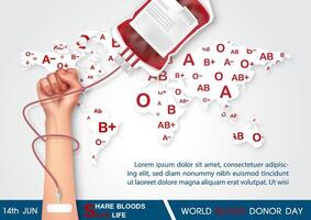 Poster illustration campaign of world blood donor day with hand of human sharing bloods in realistic style, wording of event and example texts on blood type, world map and white background. vector