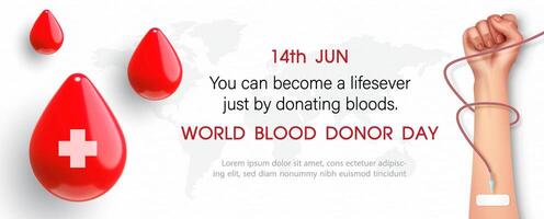 Blood droplets with human donation blood and wording of event, example texts on world map and white background. Poster's campaign of world blood donor day vector
