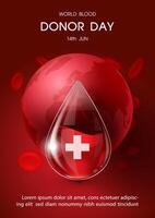 Poster illustration campaign of World Blood Donor Day with blood droplet in glass style, wording of event and example texts on global and red blood cells background. vector