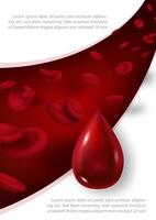 Blood droplets in 3d glossy style with red blood cells in 3d style flying on the blood vessel with example texts on white background. Poster's campaign of world blood donor day vector