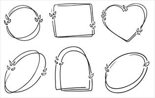 Floral line frames in square, circle, and heart shapes with leafy ornament designs. Minimalist outline illustrations for invitations, cards, or decorative projects vector