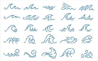 Collection of hand-drawn wave icons and elements, blue water and flowing abstract curve lines. Concept for ocean-inspired designs, nautical themes, or creative projects. Wavy natural patterns vector