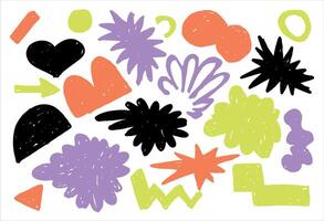 Colorful abstract hand-drawn shapes on a white background. A playful mix of organic and geometric elements in black, orange, purple, and yellow creates a fun, modern composition for creative projects. vector