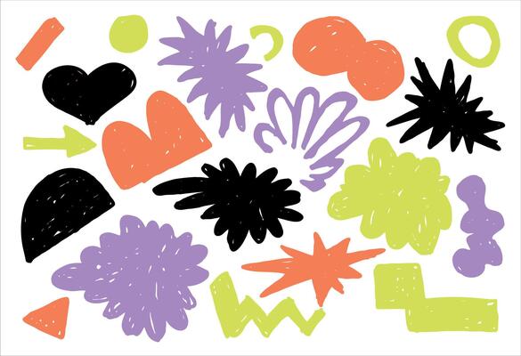 Colorful abstract hand-drawn shapes on a white background. A playful mix of organic and geometric elements in black, orange, purple, and yellow creates a fun, modern composition for creative projects.