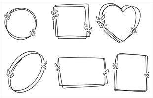 Floral line doodle frames in square, circle, and heart shapes with leafy ornament designs. Minimalist outline illustrations for invitations, cards, or decorative projects vector