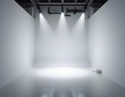 Empty Photo Studio with White Backdrop and Lighting Equipment