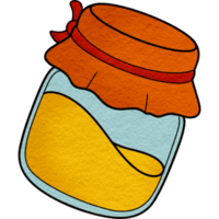 a jar of honey with a red ribbon png