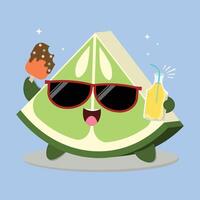 Fresh And Happy Cartoon Lime Fruit Slice Character Illustration With Ice Cream And A Bottle Of Juice vector