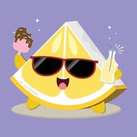 Fresh And Happy Cartoon Lemon Fruit Slice Character Illustration With Ice Cream And A Bottle Of Juice vector