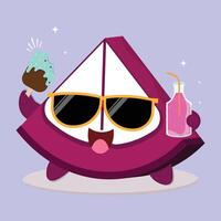 Fresh And Happy Cartoon Mangosteen Fruit Slice Character Illustration With Ice Cream And A Bottle Of Red Juice vector