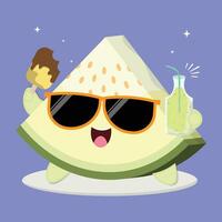 Fresh And Happy Cartoon Melon Fruit Slice Character Illustration With Ice Cream And A Bottle Of Juice vector