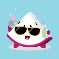 Fresh And Happy Cartoon Dragon Fruit Slice Character Illustration With Ice Cream And A Bottle Of Juice vector