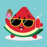 Fresh And Happy Cartoon Watermelon Fruit Slice Character Illustration With Ice Cream And A Bottle Of Juice vector