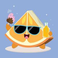 Fresh And Happy Cartoon Orange Fruit Slice Character Illustration With Ice Cream And A Bottle Of Juice vector