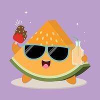 Fresh And Happy Cartoon Yellow Melon Fruit Slice Character Illustration With Ice Cream And A Bottle Of Juice vector