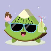 Fresh And Happy Cartoon Kiwi Fruit Slice Character Illustration With Ice Cream And A Bottle Of Juice vector