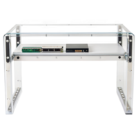 Open frame pc bench supporting circuit boards and mini pc on transparent background png