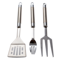 Barbecue tool set with spatula, fork, and meat turner on transparent background png