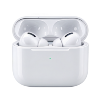 White wireless earbuds charging in open case on transparent background png