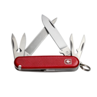 Red multi tool pocketknife open showing tools on transparent background png