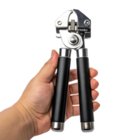 Hand holding can opener with black handles on transparent background png