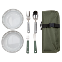 Camping mess kit with plates, forks, spoons, knife and carrying case on transparent background png