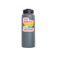 Gray reusable water bottle promoting hydration and awesomeness on transparent background png