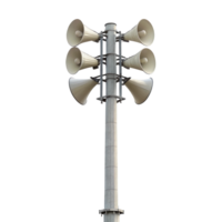 Outdoor tornado siren tower with speaker horns warning system on transparent background png