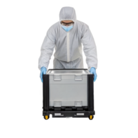 Technician wearing protective suit loading foup into track system on transparent background png