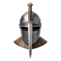Medieval armet pierced by rondel dagger on transparent background png