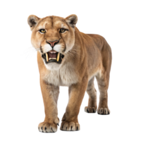 Smilodon saber toothed cat walking and showing teeth on transparent background png