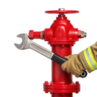Firefighter using wrench on fire hydrant on transparent background png
