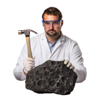 Geologist holding meteorite fragment and hammer on transparent background png
