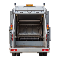 Rear loader garbage compactor truck with open back door on transparent background png