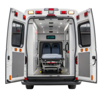 Modern ambulance with open doors showing interior on transparent background png