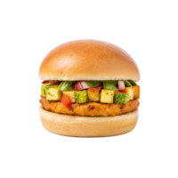 Delicious vegetarian burger with paneer, vegetables, and yogurt marinade on transparent background png