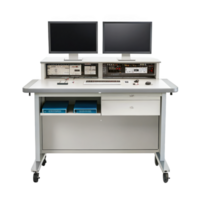 Modern cardiac catheterization lab control table with computers on transparent background png