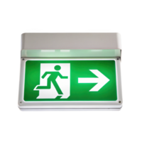 Illuminated green emergency exit sign showing running man and arrow on transparent background png