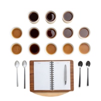 Coffee cupping evaluation table with notebook and spoons on transparent background png