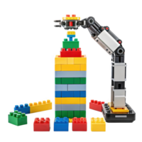 Robotic arm building knowledge tower with toy bricks on transparent background png