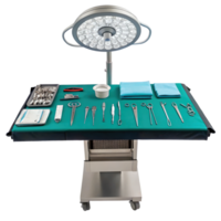 Veterinary operating table with surgical instruments and lamp on transparent background png