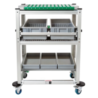 Mobile storage unit with conveyor belt and empty trays on transparent background png