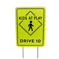 Fluorescent yellow kids at play sign recommending to drive 10 on transparent background png