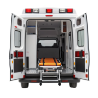 Modern ambulance with open rear doors showing stretcher on transparent background png