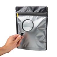 Quality control inspector examining pouch using magnifying glass on transparent background png