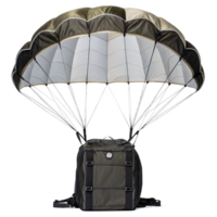 Green backpack with open parachute floating on transparent background png