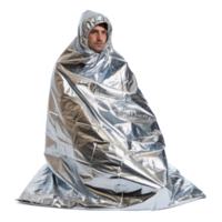 Man sitting covered with emergency blanket on transparent background png