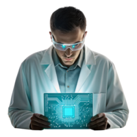 Engineer debugging holographic circuit board on transparent background png