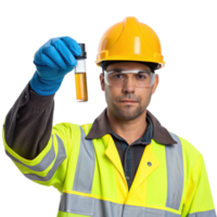 Engineer showing test tube with sample on transparent background png